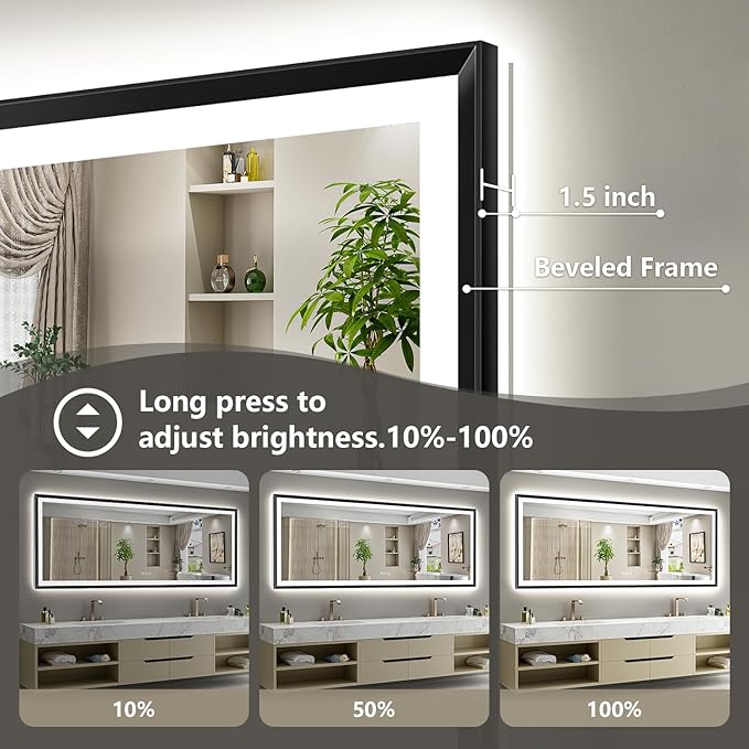 66x36 Black Framed LED Bathroom Mirror with Lights, Backlit and Front Light, Lighted Bathroom Vanity Mirror for Wall Dimmable Anti-Fog Memory Tempered Glass Horizontal/Vertical