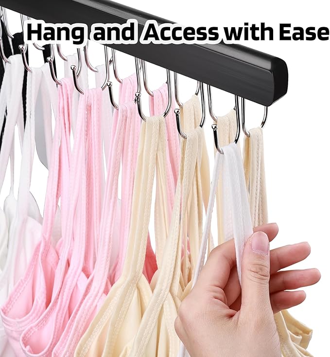 2 Pack Bra Hanger for Closet Organizer, Premium Wooden Tank Top Hangers with 40 Foldable Hooks, 360° Rotating Design, Space Saving Storage for Tank Tops, Bras, Scarves and More, Black