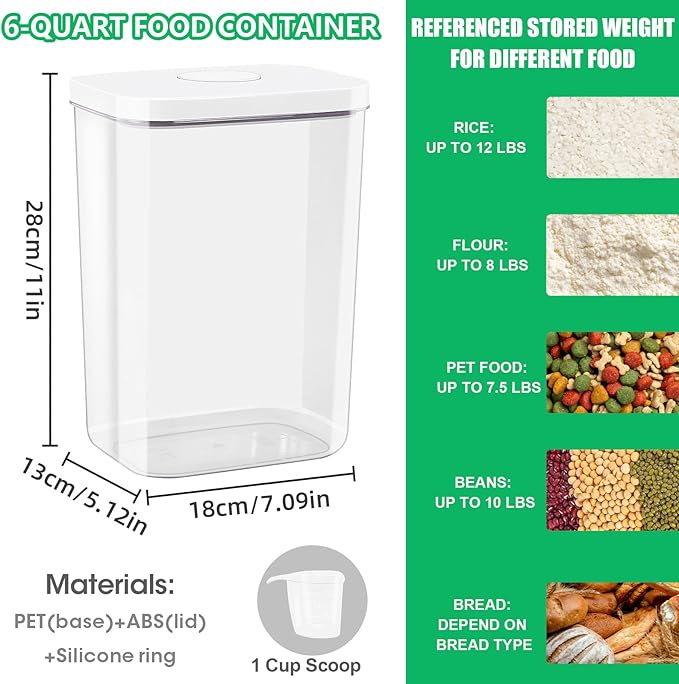 6 Qt Food Storage Container with Pop-up Lid -Airtight Crystal-Clear Plastic Flour Container, Tall and Slim Storage Bin Fit for Kitchen Pantry Organization