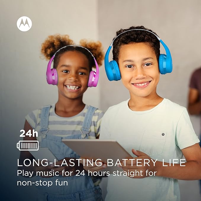 Motorola Sound JR300 Bluetooth Wireless Toddler Headphones with Microphone - Over Ear Kids Bluetooth Headphones with Safe Volume Limit 85dB, Audio Splitter for School, Home - Blue
