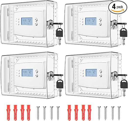 TRJ 4 PCS Thermostat Lock Box with Key, Large Size, Transparent Polycarbonate, Not Water Resistant, Includes 4 x Lock Box, 8 x Key, 4 x Manual, Fits Thermostats Up to 7.28"W x 5.7"H