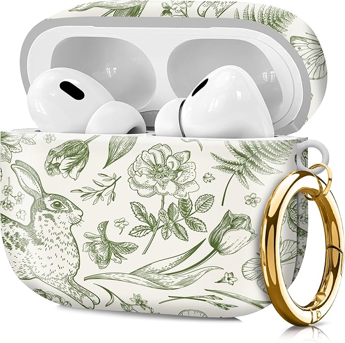 Compatible with Airpod pro 2nd/1st Generation Case Cover with Gold Round Keychain Cute Pattern Hard & Anti Slip Cover for Men Women & Girls（Rabbit Butterfly）