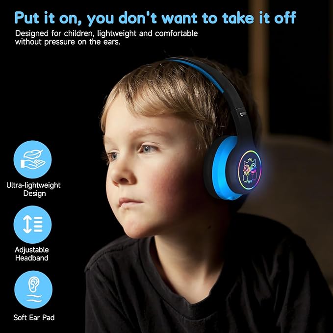 LOBKIN Kids Headphones Bluetooth 5.4,Over Ear Kids Headphones Wireless with Mic 50H Playtime Colorful LED Lights AUX Cord 94dB Safe Volume Limited Foldable Design for Boy Girl Travel/School/iPad