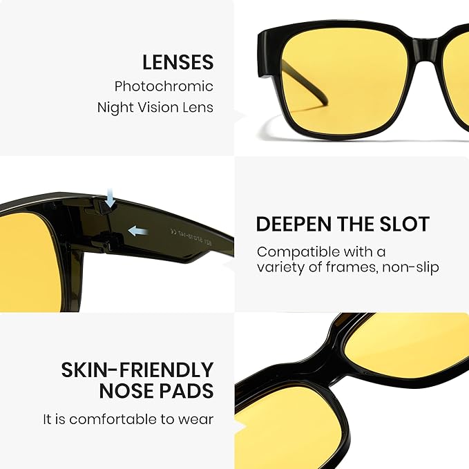 Cyxus Photochromic Day Night Vision Driving Glasses Men Women Fit Over Polarized Wrap-Around Eyeglasses 1304Hi