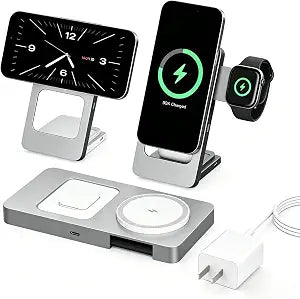 3 in 1 Foldable Magnetic Wireless Charging Station, 15W Fast Wireless Charger Stand, Aluminum Alloy, Compatible with iPhone 17/16/15/14/13/12, Apple Watch, AirPods Pro/4/3/2(Includes Adapter) (Silver) - Image 1