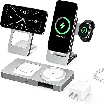 3 in 1 Foldable Magnetic Wireless Charging Station, 15W Fast Wireless Charger Stand, Aluminum Alloy, Compatible with iPhone 17/16/15/14/13/12, Apple Watch, AirPods Pro/4/3/2(Includes Adapter) (Silver) - Image 2