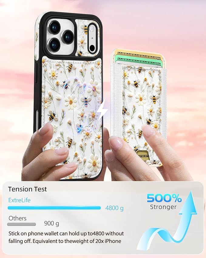 Shorogyt for iPhone 17 Pro Max Case Wallet - Fits 5 Cards, Compatible with Magsafe Detachable Magnetic Credit Card Holder Leather Cardholder Cute Phone Cover Women Girl for Apple 17 ProMax, Bee Flower