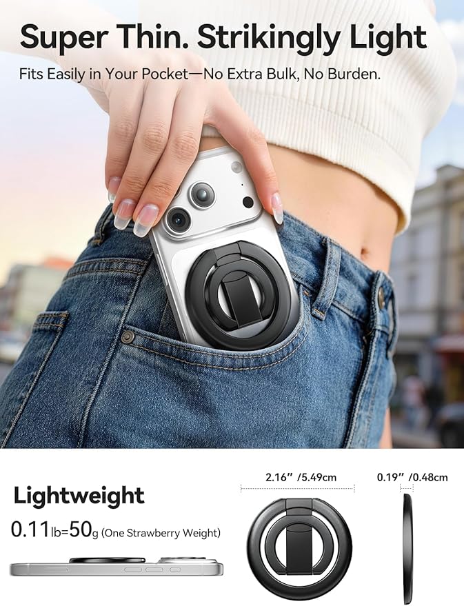tounee Double-Sided Magnetic Phone Ring Holder Compatible with MagSafe, N52 Strong Magnet Grip & Foldable Kickstand for Gym Rack, Fridge, Fits iPhone 17 16 15 14 Pro Max - Black