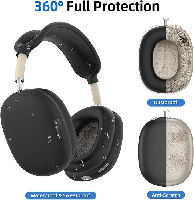 Silicone Case Cover for AirPods Max, Ear Pad Case Cover/Ear Cups Cover/Headband Cover for AirPods Max Headphones, Accessories Silicone Protector for Apple AirPods Max USB-C (2024/2020), Black [4 in 1]