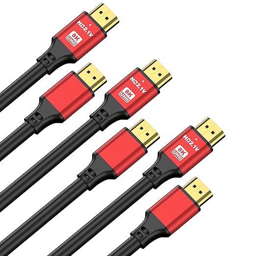 10FT HDMI 2.1 Cable 3 Pack 8K60Hz 4K120Hz, 48Gbps Ultra High Speed HDMI Cable with Gold Plated Connectors, Red Aluminum Housing, for PS5, Xbox Series X, 4K TV, Projector, Wall Mount TV, Conference.