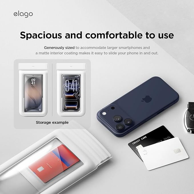 elago Waterproof Phone Pouch for iPhone 16/15/14/13/12/11 Series, Galaxy S25/S24/S23/S22/S21 Series - Underwater Screen Touchable Dry Bag, Dual Zipper Lock, with Card Pocket (White) [2 Pack]