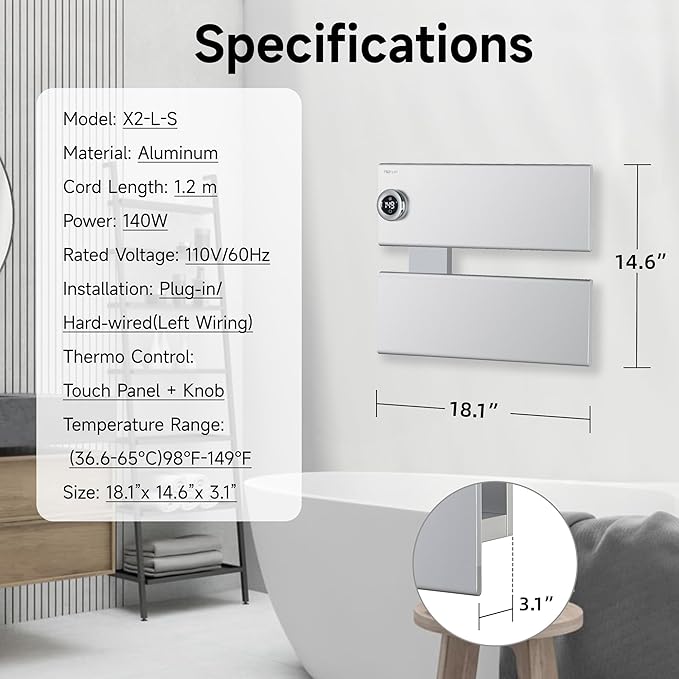 P&Bhusri Electric Heated Towel Rack, Silver Towel Warmer with Adjustable Temperature (98–149°F) and Timer (1-24h, On), Fast Heating and Drying for Bathroom, Memory & Remote Control Compatible