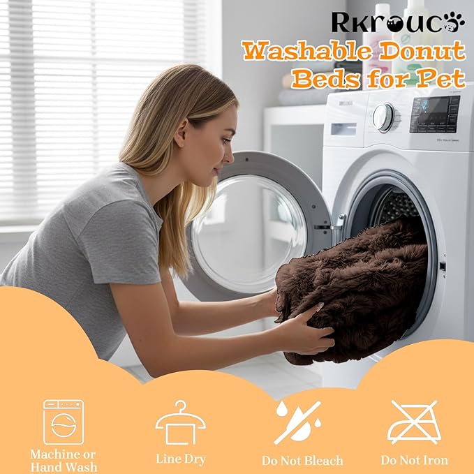 Fluffy Dog Bed Calming Donut Beds for Large Dogs Warming Round Small Medium Pet Nest Cozy Cat Mattress Indoor Washable Puppy Kennel Kittens Sleep Mat (L, 35.4×35.4 inch, Brown)
