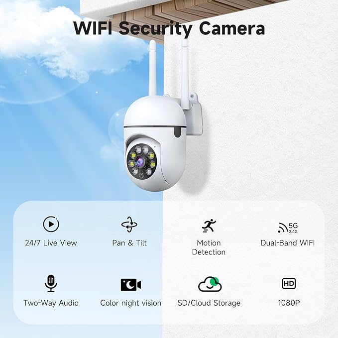 1080P Security Camera Wired, Baby Monitor with 360° Pan/Tilt, 2-Way Audio, Color Night Vision, AI Detection, SD/Cloud Storage, 2.4G/5GHz WiFi Home Surveillance Cam, Compatible with Alexa