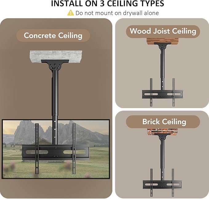AX WABER Ceiling TV Mount Adjustable Bracket for 26-65 inch LCD LED OLED 4K TVs, Pole Ceiling Mount Holds up to 110lbs,Hanging tv Mount Max VESA 400x400mm (AX11TB01), Black