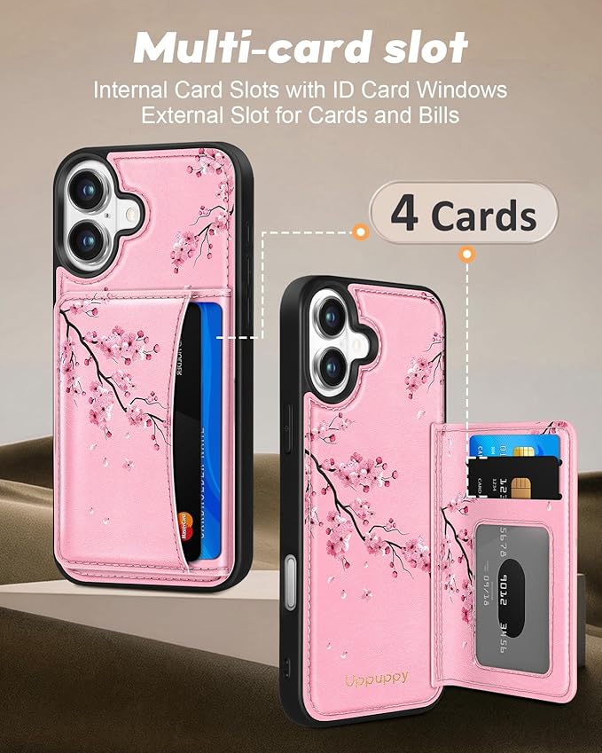 for iPhone 16 Wallet Case - Fits 4 Card Slots, Compatible with MagSafe for Women Aesthetic Durable PU Leather Credit Card Holder Kickstand Phone Cover for Apple 16, Peach Blossom
