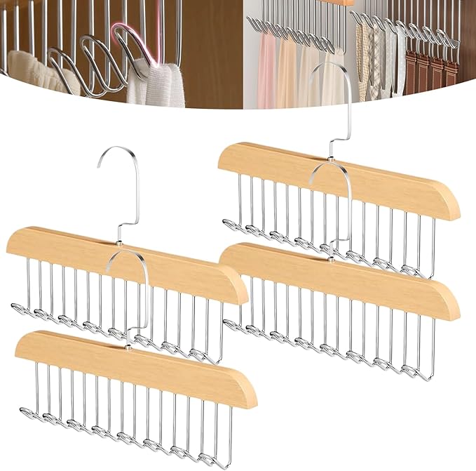 4 Pack Anti Slip Multi Hook Coat Racks,Tie Rack,Bra Hangers for Closet Organizer with 8 Hooks 360 °Swivel Wooden Hanger for Closet for Tie,Tank Top,Bra, Scarf,Hat