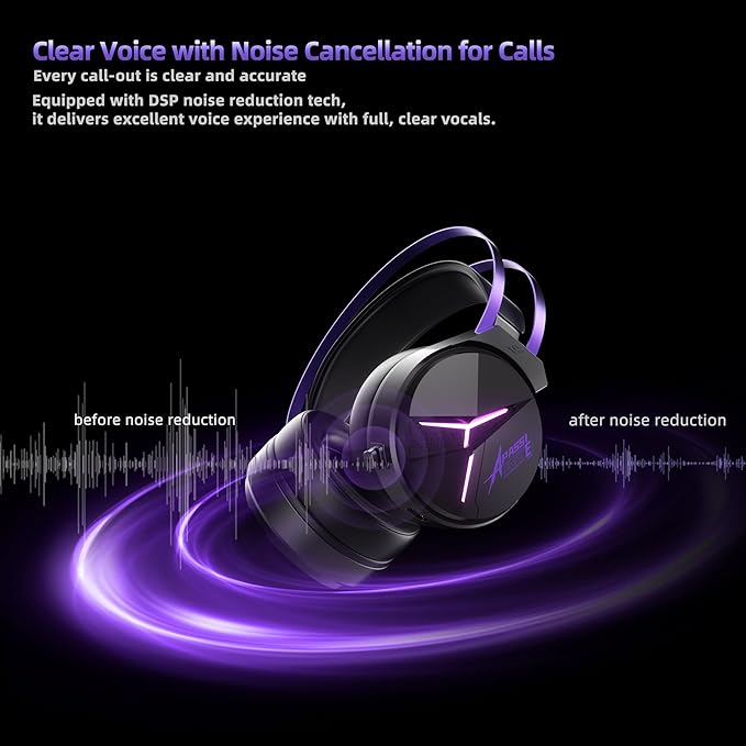 THS319 Stereo USB Gaming Headset for Pc,Laptop,Xbox, Ps4, Ps5, Switch,Noise Cancelling Over Ear Headphones with Mic,RGB Light, Soft Memory Earmuffs-Black Purple