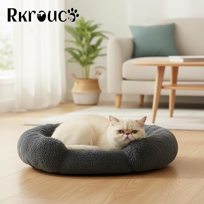 Fluffy Dog Bed Calming Donut Beds for Large Dogs Warming Round Small Medium Pet Nest Cozy Cat Mattress Indoor Washable Puppy Kennel Kittens Sleep Mat (XS, 20×20 inch, Dark Gray)