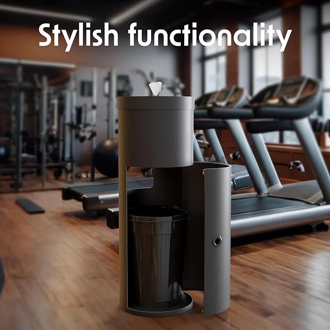 Wipex Gym Wipes Bundle: (1) Premium Black Wipe Dispenser with Trash Bin - Durable Stainless Steel and (1) 800ct Sanitizing Fitness Wipes Refill Roll - Suitable Use for Schools, Gyms, and Public Venues
