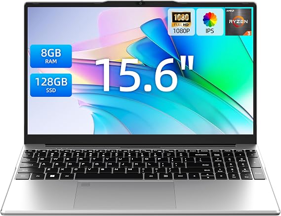 15.6 Inch Laptops, AMD Ryzen R3, 8GB RAM, 128GB SSD, Win 11 Home