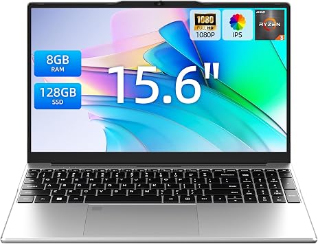 15.6 Inch Laptops, AMD Ryzen R3, 8GB RAM, 128GB SSD, Win 11 Home