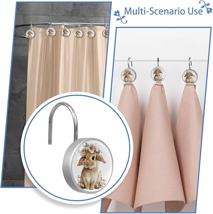 Cute Rabbits and Florals Rust Proof Shower Curtain Hooks 12Pcs for Bathroom Shower Rod, Decorative Shower Hooks Shower Curtain Hanger Rings Roller, Glass, Resin, Stainless Steel