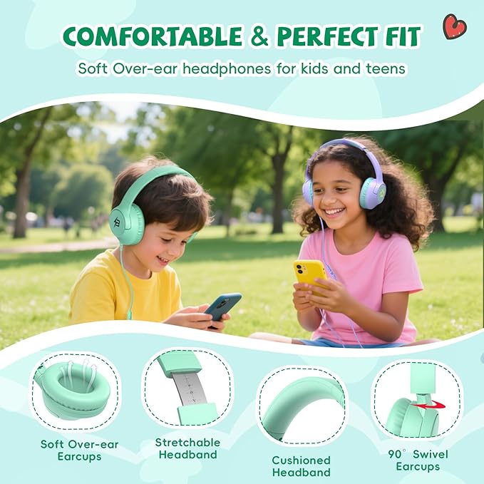 Kids Headphones Wired with Microphone, 85/94dB Volume Limit Headphones for Kids, Foldable 3.5mm Plug in Headphones Corded for Children/Toddler, School/Airplane Travel/Tablet/Kindle/Laptop, Green