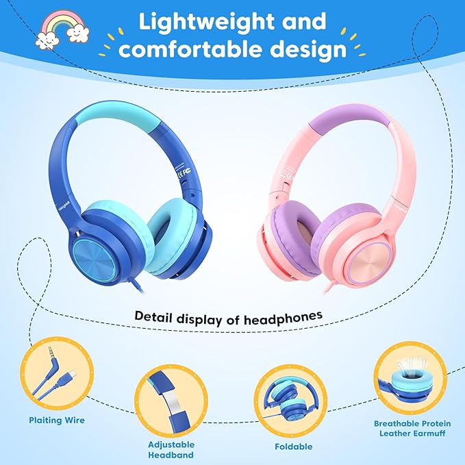 Kids Headphones for School Travel, Upgrade USB Type C Safe Volume 94dB, with Mic HD Stereo Sound Foldable On-Ear Headphones for Boys/Girls/Students/Tablet/Travel Blue