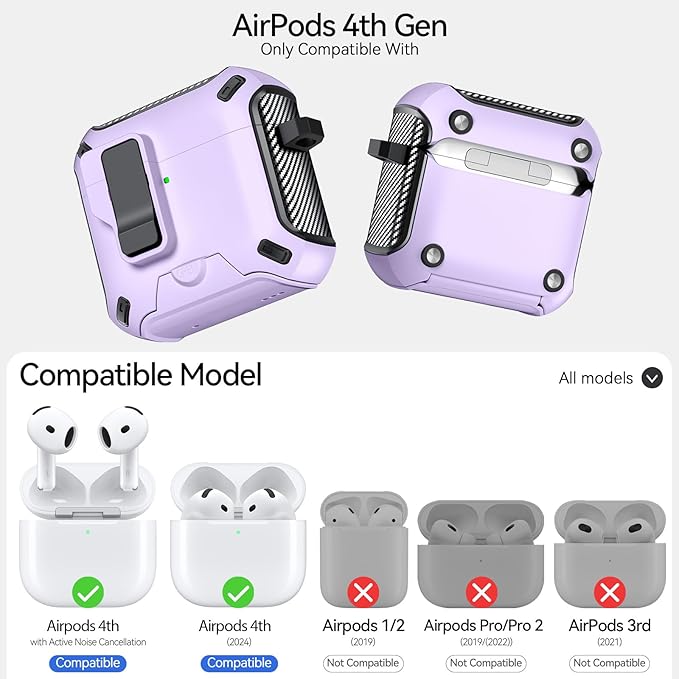 for AirPods 4 Case (2024) with Phone Stand,（with Automatic Snap Switch） Carbon Fiber Design Protection Cover with Cleaning Pen,Purple