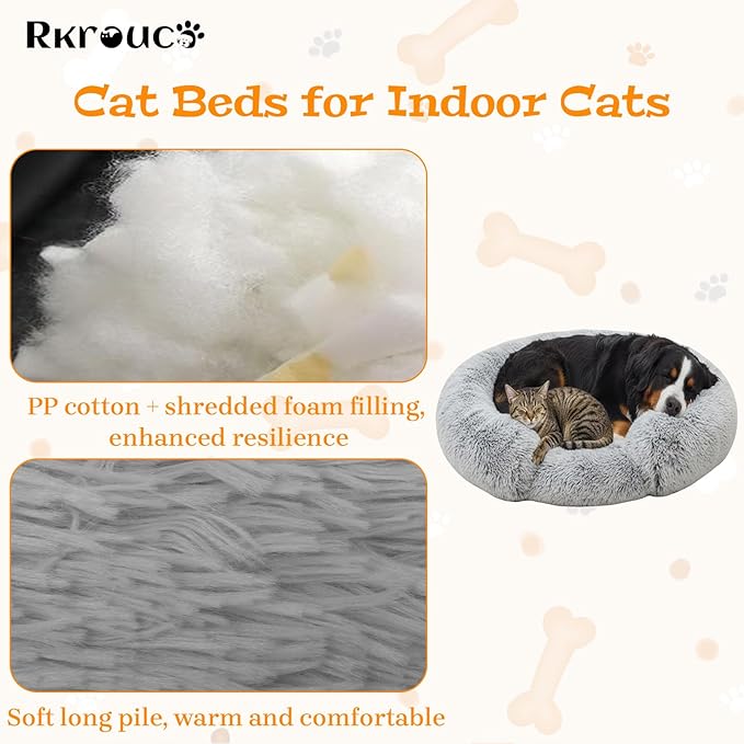 Fluffy Dog Bed Calming Donut Beds for Large Dogs Warming Round Small Medium Pet Nest Cozy Cat Mattress Indoor Washable Puppy Kennel Kittens Sleep Mat (S, 23.6×23.6 inch, Gradient Gray)