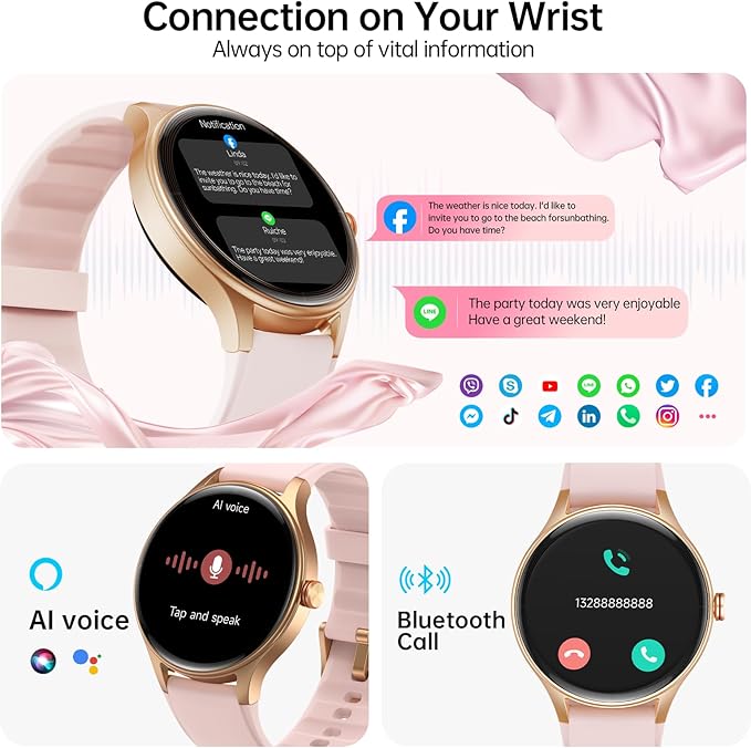 Smart Watch for Women,1.57inch AMOLED Touchscreen Fitness Watch for iPhone & Android,Heart Rate/Sp02/Sleep Monitor,110+ Sport Modes IP68 Waterproof Bluetooth Calls,2 Bands (Pink, 1.57)