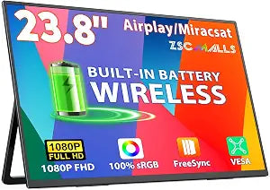 ZSCMALLS 23.8 Inch Wireless Portable Monitor with Built‑in Battery, 1080P FHD IPS Display, AirPlay & Miracast Screen Casting, No App Needed, USB‑C DP Alt Mode & HDMI, VESA