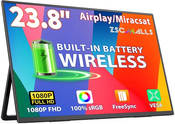 ZSCMALLS 23.8 Inch Wireless Portable Monitor with Built‑in Battery, 1080P FHD IPS Display, AirPlay & Miracast Screen Casting, No App Needed, USB‑C DP Alt Mode & HDMI, VESA