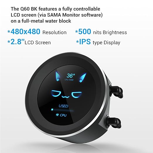 SAMA Q60 360mm AIO Liquid CPU Cooler, 2.8" LCD Display, Quiet FDB PWM Fans, High-Performance Pump, Intel LGA 1700/1851/1200/115X/2011/1366 & AMD AM5/AM4 Compatible ??Black