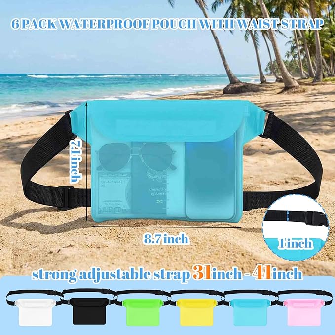 Tallew 6 Pcs Waterproof Pouch with Waist Strap Waterproof Fanny Pack Dry Bag for Phone Wallet Reusable Lightweight Belt Pouch for Beach Swimming Kayaking Boating Travel Water Activity(Multicolor)