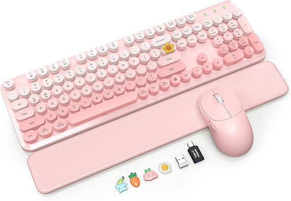 Wireless Keyboard and Mouse Combo, Magnetic Soft-Touch Wrist Rest, Pink