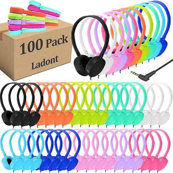 100 Pack Classroom Headphones, Bulk Kids Headphones for School Student Boys Girls Teens, 3.5mm Plug for Computer Chromebook,Grades K-12(10 Color)