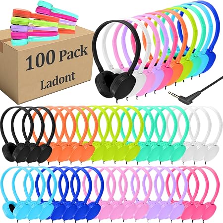 100 Pack Classroom Headphones, Bulk Kids Headphones for School Student Boys Girls Teens, 3.5mm Plug for Computer Chromebook,Grades K-12(10 Color)