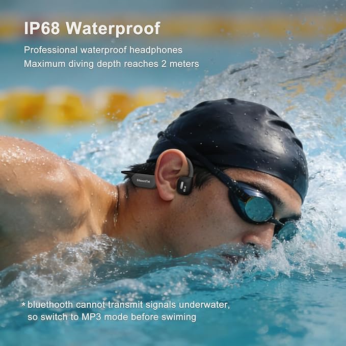 6.0 Upgraded Bone Conduction Headphones,IP68 Waterproof Swimming Headphones, Liquid Silicone Wireless Open Ear Headphones, Built-in 32GB MP3 Player Underwater Headphone for Running, Cycling (Grey)