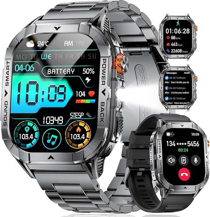 SUNKTA EF17 Mens Smart Watch with LED Flashlight, 2.13'' Amoled HD Display Fitness Tracker Watch, Pedometer/100+ Sport Modes/Sleep/5ATM Waterproof Smartwatch, Compatible iOS Android Smart Watches