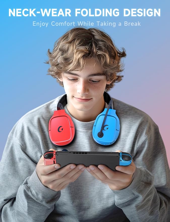 2.4GHz Wireless Gaming Headset for Switch/Lite/OLED - Bluetooth 5.3 Gaming Headphones with 7.1 Surround Sound for Fortnite, 50mm Speakers, 70H Battery, Blue Lighting - BlueRed