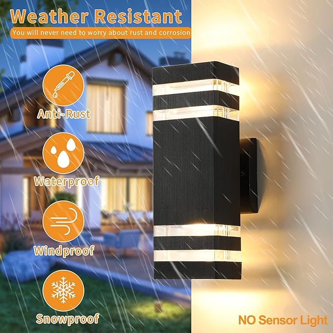 tewei 1 Pack 12In Square Up and Down Outdoor Wall Lights, Modern Black Exterior Light Fixture Aluminum Waterproof Porch Lights Outdoor Wall Mount Lamp for House Porch Garage, 3000K Warm White