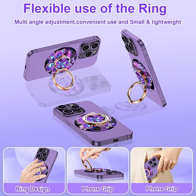 Magnetic Phone Ring Holder for MagSafe Grip,[Super Magnet],Stylish 360° Rotation Cell Phone Grip Stand Finger Ring Kickstand for iPhone 17 16 15 14 Pro Max,iPad and Smartphones,Butterfly