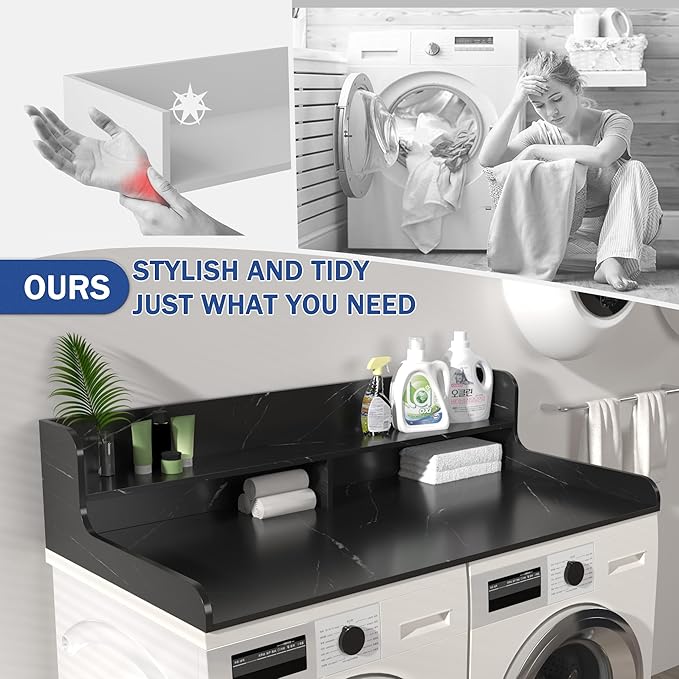 Washer Dryer Countertop with 2-Tier Shelf Universal Fit, Laundry Countertop Over Washer Dryer, Washer Dryer Countertop, Wood Laundry Countertop, 27.5" Depth x 54" Width, Universal Fit Design
