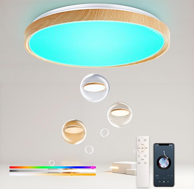 WF-Version LED Ceiling Light with Speaker 50W 16Inch Control via app/Voice/Remote Adjustable Brightness & Color Temperature Ceiling Lamp RGB Ambient Lighting for Bedroom Kids Room and More