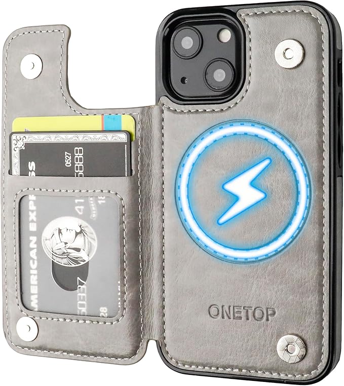 ONETOP Compatible with Magsafe for iPhone 13 Mini Wallet Case with Card Holder, PU Leather Kickstand RFID Blocking Case, Double Magnetic Clasp and Durable Shockproof Cover 5.4 Inch (Grey)