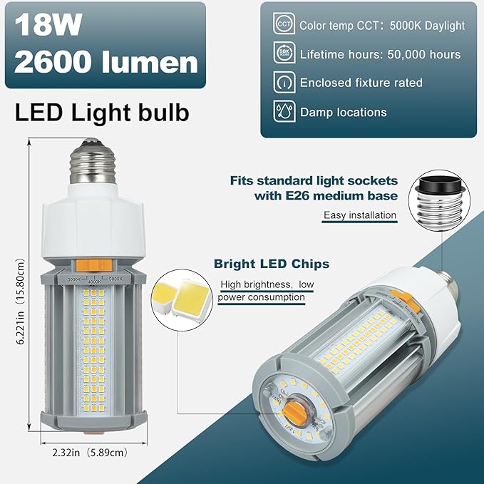 GT-Lite Commercial LED COB Light Bulb,9W/12W/18W, 2600 Lumens, E26 Base, Adjustable Brightness(3000K–5000K), Damp Rated, Energy-Efficient, for Workshop, Warehouse, High Bay E26 Fixtures