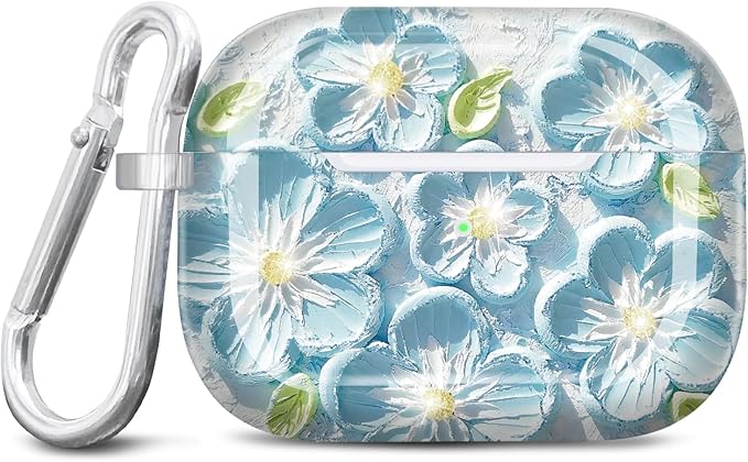 JIAXIUFEN Compatible with AirPods Pro 2 Gen/1 Gen Case Cover Retro Oil Painting Printed Flower Protective TPU Skin Accessories for Women Girl Mint Blue