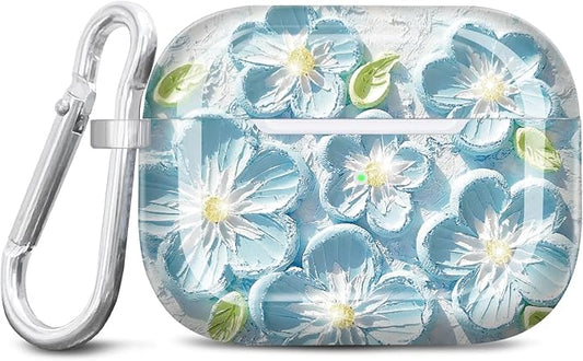 JIAXIUFEN Compatible with AirPods Pro 2 Gen/1 Gen Case Cover Retro Oil Painting Printed Flower Protective TPU Skin Accessories for Women Girl Mint Blue